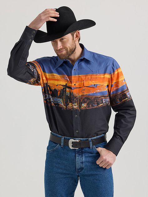 STYLE THAT’S READY TO RODEOWrangler's Checotah® has a home in the closets of cowboys around the world. This men's Checotah long-sleeve western snap Navajo-inspired printed shirt is designed to make a statement no matter the destination. It features a classic fit, a spread collar, pointed yokes, two snap flap pockets with a convenient pencil slot, adjustable cuffs, and a full-length snap closure for the finishing touch. Best of all, it's crafted from cotton for uncompromising comfort. Look sharp at a moment's notice by wearing your Checotah shirt with a Wrangler Retro® or Cowboy Cut® jean. Adventurous Men, Boys Cowboy Boots, Girl Cowboy Boots, Twisted X Boots, Printed Shirts Men, Slack Pants, Loose Fit Jeans, Western Shirts, Cut Jeans