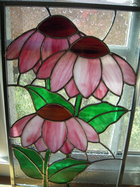 Purple ConeFlowers - also known as Echinea Hanging Stained Glass, Glass Painting Patterns, Stained Glass Quilt, Stained Glass Patterns Free, Stained Glass Paint, Stained Glass Decor, Stained Glass Ornaments, Stained Glass Suncatchers, Stained Glass Flowers