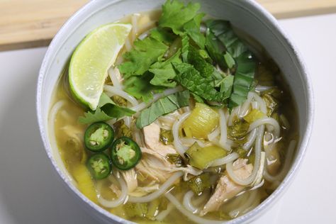 Pho (pronounced f-uh) is an authentic Asian chicken noodle soup topped with fresh herbs, lime, chilies and sprouts. Good for your body and soul, the warm garlic-ginger spiced broth is incredibly satisfying and nurturing. My idea of true comfort food! The traditional recipe can be a little time consuming but I find this quick version to be just as delicious....Read More » Asian Chicken Noodle Soup, Okra Soup, Okra Recipes, Cabbage Soup Diet, Veggie Wraps, Soup Diet, Cabbage Soup, Minestrone, Healthy Soup Recipes