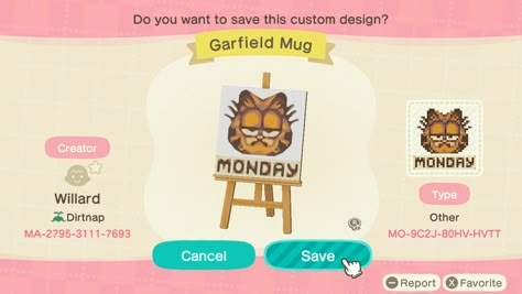 Garfield Animal Crossing, Animal Crossing Online, Design Codes Acnh, Minecraft Animal Crossing, Animal Crossing Clothing Codes, Animal Crossing Rooms, Nintendo Aesthetic, Acnh Builds, Lego Shirts