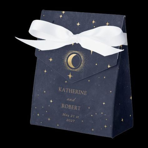 Celestial Gold Moon Stars Monogram Wedding Favor Boxes Starry Night Favors, Celestial Wedding Favors, Celestial Wedding Ideas, Moon And Stars Wedding Theme, Starry Night Theme Party, Star And Moon Wedding, Moon Themed Wedding, Space Themed Wedding, Under The Stars Wedding