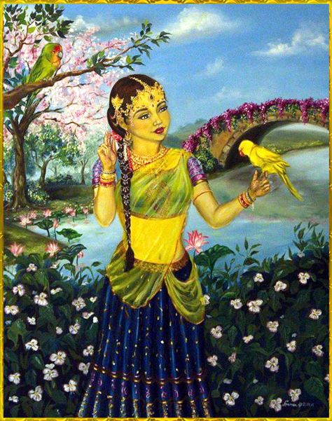 Vrinda Devi with her messenger yellow parrot Tulsi Devi, Lord Krishna Sketch, Srimati Radharani, Spiritual Paintings, Little Krishna, Pichwai Paintings, Radha Krishna Wallpaper, Sri Krishna, Krishna Radha Painting