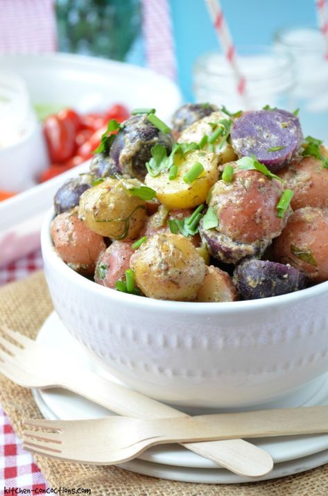 Red, White and Blue Potato Salad Blue Potatoes, Potato Salad With Egg, Mini Potatoes, Potato Salad Recipe, Strawberry Dip, Potatoe Salad Recipe, Easy Salad Recipes, Holiday Food, Potato Recipes