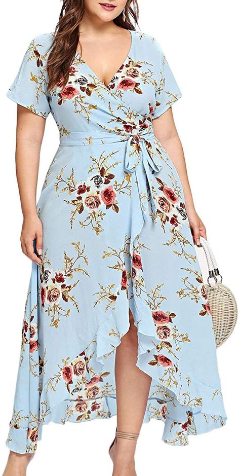 Milumia Plus Size Women Empire Waist Asymmetrical High Low Bohemian Maxi Dress at Amazon Women’s Clothing store Sukienki Plus Size, Plus Size Summer Dresses, Ny Giants, Bohemian Maxi Dress, Vestidos Vintage, Boho Print, Floral Print Shorts, Maxi Dress Party, Boho Casual