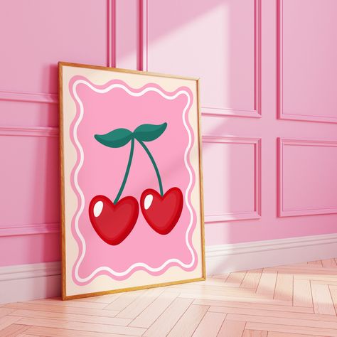 Cute heart cherry wall print, available in A3 A4 8X10 A5 5X7 Designed in kings lynn, Norfolk UK 📍 Other colours available! Just message me :) (Frame not included) Drawing For Walls Bedroom, Girly Wall Prints, Girly Aesthetic Painting, Pink Canvas Painting Ideas, Cute Designs To Paint, Girly Paintings On Canvas Easy, 8x10 Canvas Painting Ideas, Mini Canvas Art Easy Cute, Heart Canvas Painting