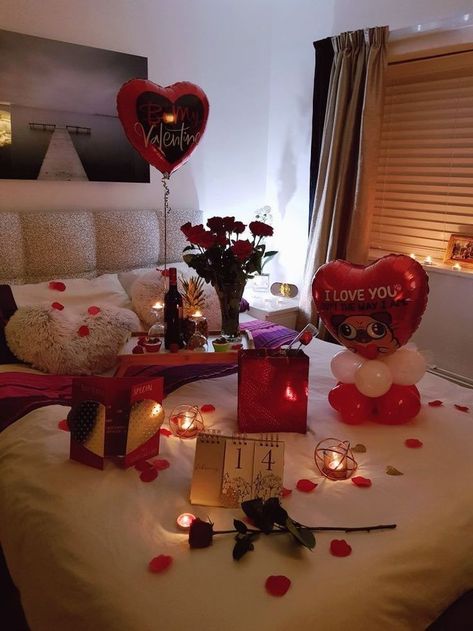 Unique & Thoughtful Valentines Day Gift Ideas For Girlfriends Surprise Bedroom Romantic, Valentines Room Decorations, Valentine’s Day Room Surprise, Romantic Hotel Room Ideas For Him, Valentine’s Day Room Set Up, Hotel Decorations For Boyfriend, Romantic Hotel Rooms, Romantic Room Surprise, Romantic Dinner Decoration