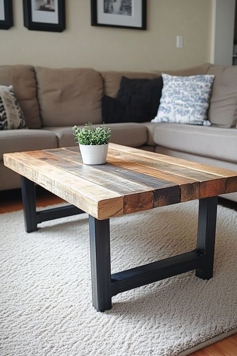 Build your own reclaimed wood coffee table for a rustic yet stylish centerpiece in your living room. Use distressed wood for a unique, character-filled design, and pair it with modern legs for contrast. A great weekend project that adds charm to any space! 🛠✨ Coffee Table Homemade, Coffee Table Legs Diy, Homemade Coffee Table, Diy Side Table In Living Room, Rustic Living Room Table, Wood Coffee Table Decor, Ffa Projects, Pallet Coffee Table Diy, Diy Table Legs