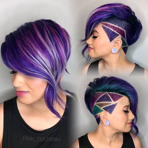 Shaved side bob with purple oil slick hair and shaved hair design. Oil Slick Hair, Shaved Hair Designs, Hairstyles Styles, Styles Women, Hair Tattoos, Undercut Hairstyles, Pompadour, Crazy Hair, Robins