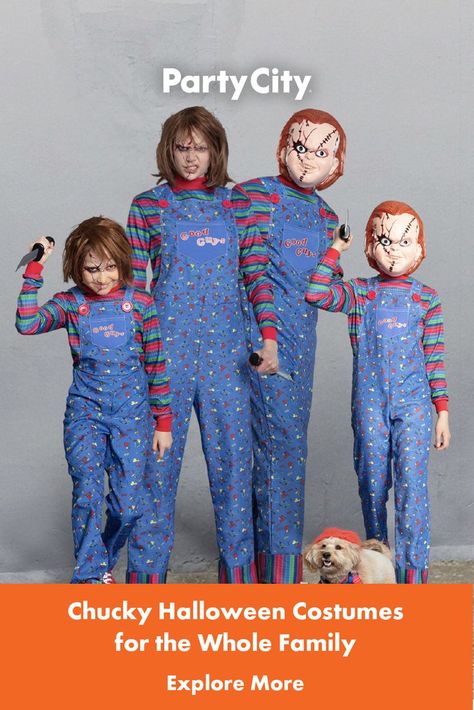 Dress the whole family up as their favorite scary character this Halloween. Explore more family Halloween costume ideas at Party City. Chucky Family Costume, Chucky Family, Chucky Costume For Kids, Star Wars Family Costumes, Chucky Halloween Costume, Chucky Halloween, Family Halloween Costume, Mom Costumes, Scary Characters