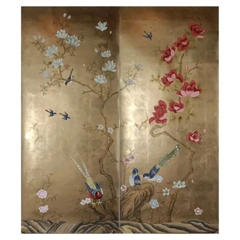 Hand-Painted Wallpaper - 83 For Sale at 1stDibs | hand painted wallpaper, handpainted wallpaper, hand painted wallpaper companies Neoclassical Wallpaper, Gold Chinoiserie Wallpaper, Framed Wallpaper Panels, Spanish Art Deco, Red And Gold Wallpaper, Gournay Wallpaper, Wallpaper Chinoiserie, Chinoiserie Panels, De Gournay Wallpaper