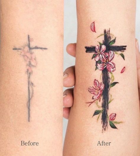 Cover Up Tattoos Back, Tattoos Back Shoulder, Tattoos Cover Up, Tattoos Cool, Tatuaje Cover Up, Cross Tattoo On Wrist, Tattoos Back, Tattoo Design For Hand, Cross Tattoos For Women