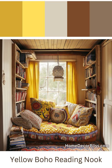 Mustard Yellow Bohemian Reading Nook [Room Inspiration] Mustard Yellow Room, Reading Nook Room, Mustard Yellow Color Palette, Boho Reading Nook, Mustard Decor, Mustard Yellow Curtains, Boho Decor Inspiration, Wood Panel Wall Decor, Yellow Color Palette