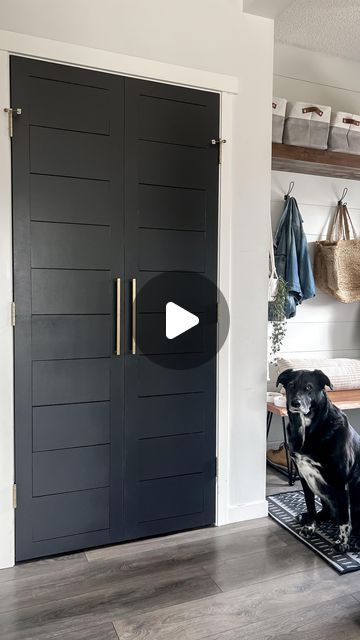 Bailey Powell on Instagram: "Details here ⬇️ Can’t believe it’s been two years since we made over our closet doors with this simple DIY! These ones were a super doable little project: ✨ I removed the doors from the hinges and painted them black - since you can see through the panelling and I wanted the sides/back to match the front. ✨ I cut down 1/4” thick MDF to create a frame around the entire door, then cut a bunch of panels to fill the middle section. ✨I pre-painted the edges of the panels and attached the panels to the doors using my air nailer. I patched these holes with some wood filler. ✨ I painted the rest of the panels, spray painted the hinges, and added some new hardware to the doors. That’s it! Easy peasy little weekend project that made such a huge difference to th Builder Grade, Wood Filler, October 5, Weekend Projects, Closet Doors, Tutorial Video, Media Room, Simple Diy, Easy Peasy