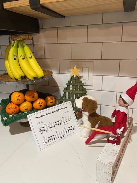 Elf on the shelf fruit choir Elf Fruit Ideas, Choir Elf On The Shelf, Elf On The Shelf Choir, Elf On The Shelf Singing Choir, Elf On The Shelf Jesus Style, Elf On The Shelf Fruit, Kindness Elves, Band Room, Shelf Elf