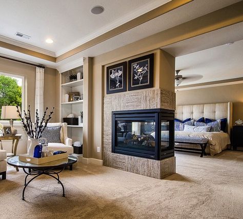 Divided master bedroom and sitting room with shared fireplace Fireplace Luxury, Master Suite With Sitting Area, Luxury Fireplace, Master Suite Bedroom, Bedroom Sitting Room, Bedroom With Sitting Area, Bedroom Fireplace, Bedroom Master, Luxury Bedroom Master