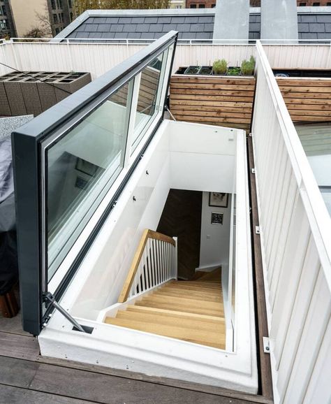 Gallery of The Threshold Between Daylight and Architecture: Flat Roof Access Hatches - 1 Roof Access Hatch, Flat Roof Skylights, Roof Hatch, House Roof Design, Acoustic Insulation, Roof Architecture, Spiral Stairs, Woodworking Plans Diy, Natural Ventilation