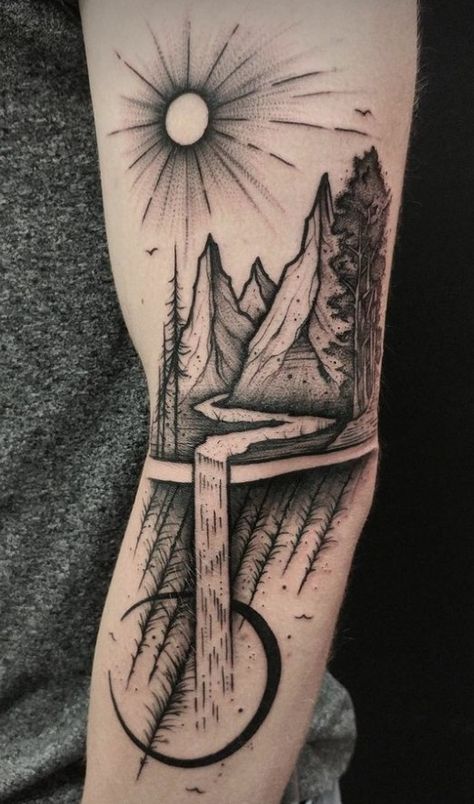 Surrealistic Tattoo, Unusual Tattoos, River Tattoo, Alternative Reality, Unusual Tattoo, Badass Tattoos, Sun Tattoo, Tattoo Sleeve Designs, Nature Tattoos