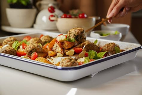 These Greek Meatballs are made on a single sheet pan with lemony potatoes. They are easy, delicious, and perfect for a busy night! Sheet Pan Greek Meatballs, Lemony Potatoes, Potato Sheet Pan Dinner, Potato Sheet Pan, Sheet Pan Gnocchi, High Protein Salad, Greek Dinners, Greek Meatballs, Protein Salad