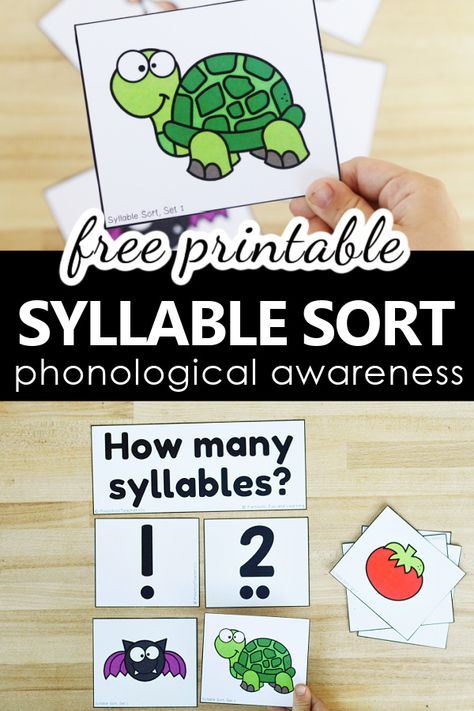 Free Printable Syllable Sort Phonological Awareness Literacy Center for PreK and K-Counting Syllables Phonological Awareness Centers, Free Syllable Activities Preschool, Syllable Sort Freebie, Preschool Syllables Activities, Phonics Games Kindergarten Free Printable, Teaching Syllables Preschool, Segmenting Syllables Activities, Thanksgiving Syllables Free, Teaching Syllables Kindergarten