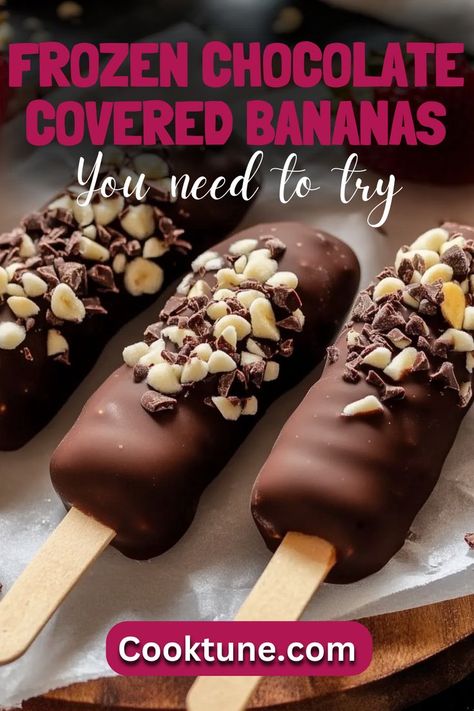 A delightful and easy treat, these Frozen Chocolate Covered Bananas are perfect for satisfying your sweet tooth. Coated in rich chocolate and topped with your favorite toppings, they make for a refreshing snack on warm days! Frozen Chocolate Covered Bananas, Frozen Chocolate Bananas, Chocolate Covered Bananas Frozen, Chocolate Dipped Bananas, Chocolate Covered Bananas, Refreshing Snacks, Easy Treat, Frozen Chocolate, Peanut Butter Chips