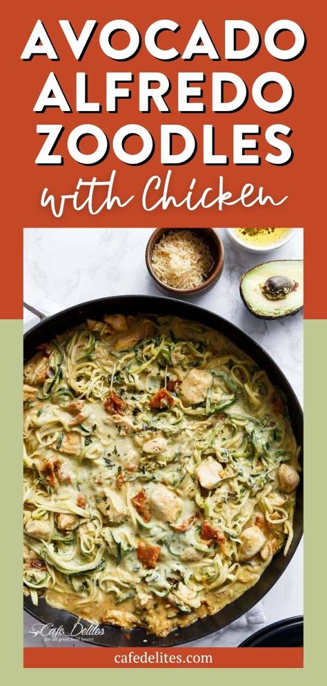 This Avocado Alfredo Zoodles with Chicken recipe is a delicious, no guilt dinner. This dish is rich, thick, and creamy thanks to a healthy avocado alfredo sauce. It's made with the perfect combination of protein, healthy fats, and low carb count, these Avocado Alfredo Zoodles are so filling and absolutely delicious. Chicken Sun Dried Tomatoes, Alfredo Zoodles, Zoodles With Chicken, Sundried Tomato Chicken, Healthy Avocado, Indulgent Food, Stuffed Avocado Healthy, Keto Recipes Dinner, Sun Dried Tomatoes