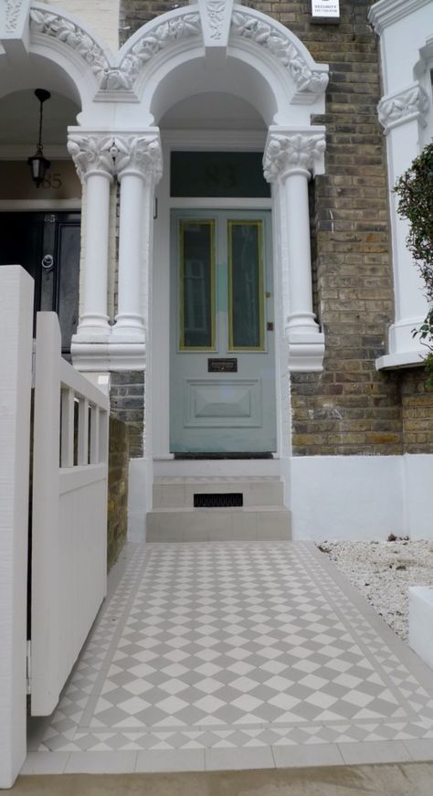 Victorian Mosaic Tile, Victorian Front Garden, Terrace House Exterior, Victorian Front Doors, White Mosaic Tile, Front Door Steps, Small Front Gardens, Porch Tile, Front Garden Design