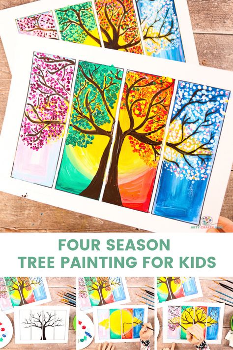 Looking for an easy art project for kids? Children and beginners can create their own beautiful four seasons tree painting with our easy to follow step-by-step tutorial. Complete with a choice of two printable tree templates, the tree art project can be simplified or developed to suit children of all ages up to adulthood. Craft For Seasons, Seasons Art Grade 1, Four Seasons Tree Template, Tree Seasons Craft, Tree Four Seasons Art, Season Paintings Four, Season Trees Preschool, Trees Through The Seasons, 4 Seasons Art Projects For Kids