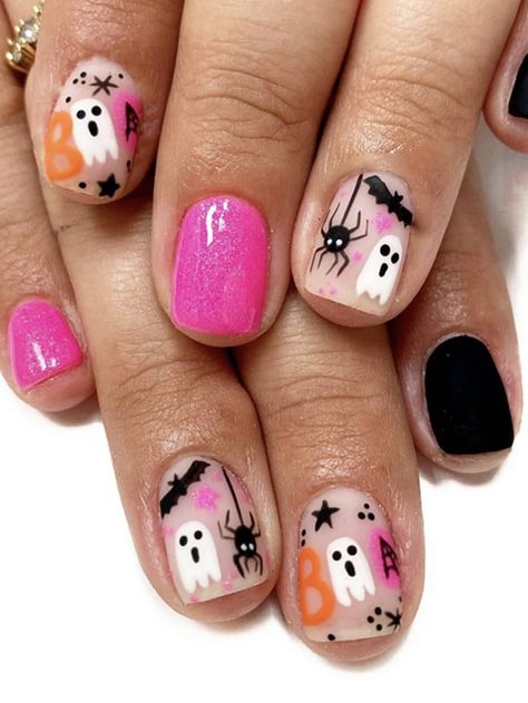 24pcs Short Square Halloween Pink Ghost Design Press on Nails Wearable False Nail For WomenI discovered amazing products on SHEIN.com, come check them out! Nail Art Halloween, Nails Short Square, Black Ghost, Halloween Press On Nails, Nagellack Trends, Press On Nails Short, Nail Art Glitter, Nagel Tips, Nails For Women