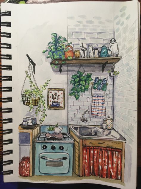 Watercolor Bedroom Drawing, Watercolor Kitchen, Cottagecore Painting, Ghibli Artwork, Shadow Box Art, Architecture Drawing Art, Watercolor Paintings Tutorials, Watercolor Art Lessons, Pen And Watercolor