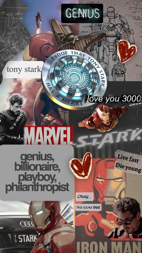 Marvel Phone Wallpaper Aesthetic, Iron Man Astethic, Ironman Aesthetic Wallpaper, Iron Man Collage Wallpaper, Superhero Aesthetic Wallpaper, Marvel Collage Aesthetic, Aesthetic Marvel Wallpaper Iphone, Marvel Aesthetic Poster, Marvel Collage Wallpaper