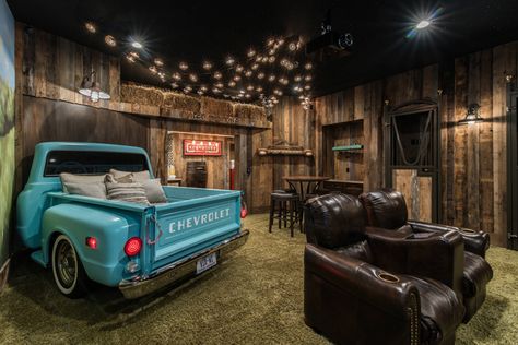 "drive-in" home theater with turquoise pickup truck Man Cave Designs, Movie Theater Rooms, Basement Home Theater, Man Cave Design, Drive In Movie Theater, Home Theater Decor, Man Cave Basement, At Home Movie Theater, Man Cave Home Bar