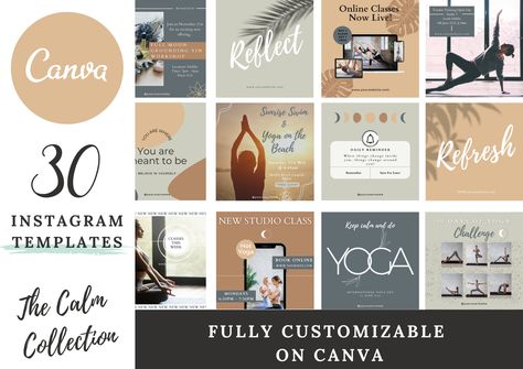 30 Customizable Instagram Templates | The Calm Collection for the Health & Wellness Industry Pilates Studios, Health Teacher, Cohesive Instagram Feed, Pilates Teacher, Wellness Industry, Social Media Planner, Graphic Design Tools, Free Yoga, Pilates Studio