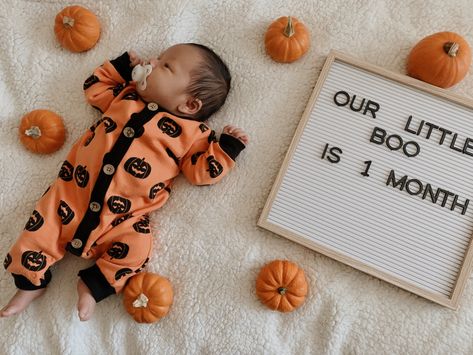 1 Month Fall Photoshoot, 3month Halloween Photoshoot, October One Month Baby Pictures, Infant Halloween Pictures, Halloween 1 Month Baby Pictures, Fall 1 Month Baby Pictures, 1 Month Old Baby Pictures October, October 2 Month Baby Pictures, Halloween Milestone Picture Ideas