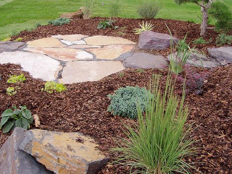 First year plantings around flagstone patio by Field Outdoor Spaces, via Flickr Backyard Envy, Desert Gardening, Mulch Landscaping, Fire Pit Materials, Backyard Gardens, Gravel Patio, Side Yard Landscaping, Front Garden Landscape, Flagstone Patio