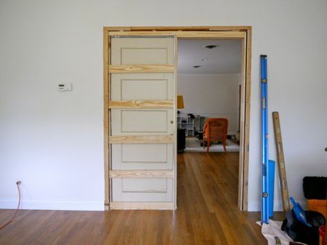 How to build a pocket door Pocket Door Bathroom, Pocket Doors Diy, Diy Pocket Door, Pocket Doors Bathroom, Pocket Door Installation, Pocket Door Frame, Wall Framing, Diy Sliding Door, Cheap Kitchen Decor