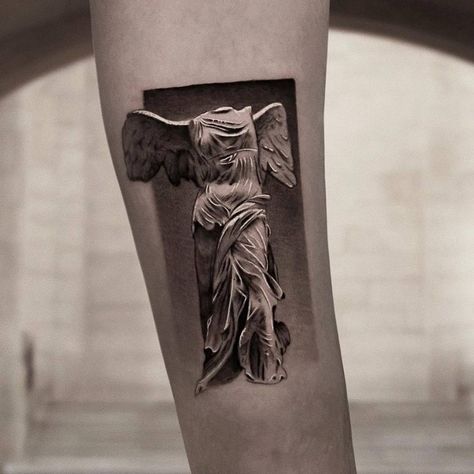 Statue Of Victory, Victory Statue Tattoo, Winged Victory Of Samothrace Tattoo, Samothrace Tattoo, Winged Victory Tattoo, Greek Sculpture Tattoo, Neoclassical Tattoo, Nike Statue, Victory Tattoo