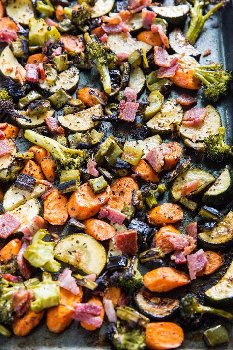 Balsamic Roasted Vegetables with Bacon - an easy, healthy side dish that happens to be paleo, low-carb, and whole30 | TheRoastedRoot.net Roasted Vegetables Balsamic, Balsamic Roasted Vegetables, Oven Vegetables, Healthy Side Dish, Roasted Vegetable Recipes, Roasted Root Vegetables, Healthy Side, Cabbage Soup, Healthy Sides