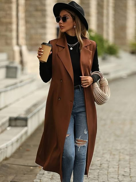 Double Breasted Lapel Trench Coat, Casual Sleeveless Solid Outerwear, Women's Clothing,temu Chic Loose Outfit, Vest Overcoat Outfit, Trench Coat Casual, Lapel Collar Coat, Sleeveless Trench Coat, Collar Coat, Collared Coat, Fall Winter Outfits, Look Chic