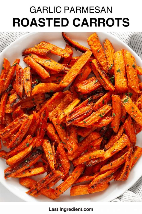 Garlic Parmesan Roasted Carrots Roasted Vegetables Oven Healthy, Parmesan Garlic Carrots, Garlic Carrots Roasted, Garlic Parm Carrots, Garlic Parmesan Roasted Carrots, Best Carrots Side Dish, Carrots Recipe Side Dishes, Fresh Garlic Recipes, Parmesan Roasted Carrots