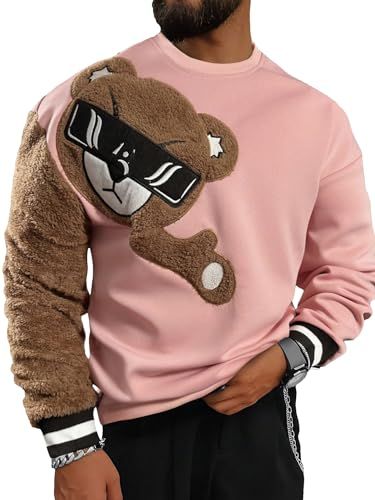 GORGLITTER Men's Bear Pattern Long Sleeve Sweatshirts Drop Shoulder Crewneck Pullover Tops Winter Warm Outfits, Men's British Style, Bear Embroidery, Men Sweatshirts, Gym Outfit Men, Winter Outfits Men, 자수 디자인, Mens Plaid, Pink Long Sleeve