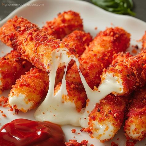 Easy Hot Cheeto Mozzarella Sticks Recipe - My Home Made Recipe Hot Cheetos Mozzarella Sticks Recipe, Cheeto Mozzarella Sticks, Hot Cheeto Mozzarella Sticks, Best Potluck Recipes, Mozzarella Sticks Recipe, Chicken Breast Slow Cooker, Unique Appetizers, Cheesy Snack, Hot Cheetos