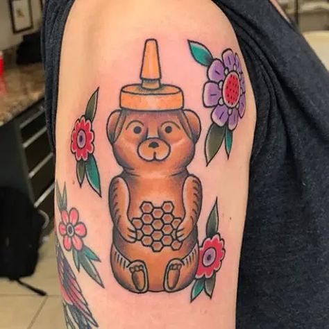 10+ Honey and Bear Tattoo Designs - PetPress Honey Bear Tattoo, Traditional Bear Tattoo, Bear Tattoo Designs, Bottle Tattoo, Fairy Tattoo Designs, Anklet Tattoos, Bear Tattoo, Traditional Tattoo Art, Fairy Tattoo