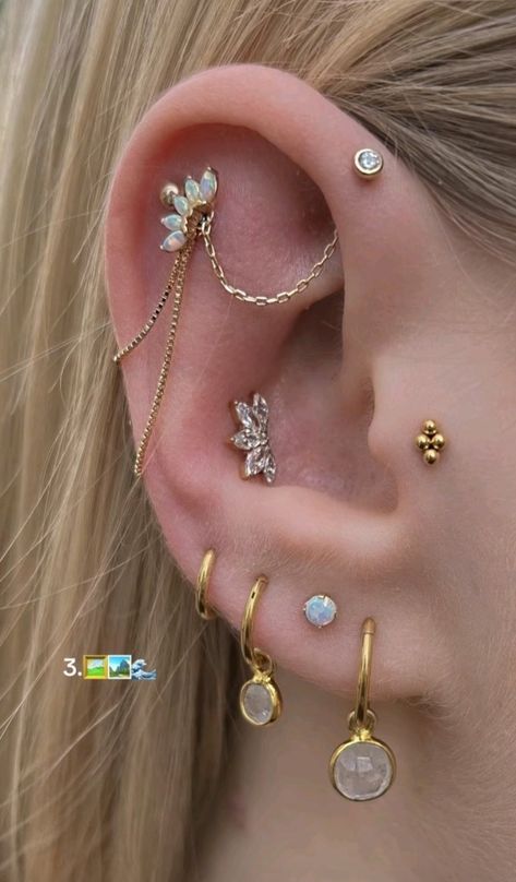 Custom Bent Industrial Piercing, Eat Piercing Combinations, Fantasy Ear Piercings, Industrial Piercing Alternative, Ear Stacking Ideas, Ear Piercing Combinations, Ear Stacks, Orbital Piercing, Ear Curation