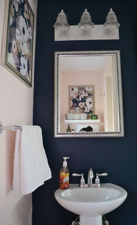 Navy And Peach Bathroom, Navy And Blush Bathroom, Navy And Pink Bathroom, Pink And Navy Bathroom, Trendy Bathroom Colors, Mauve Bathroom, Blush Bathroom, Upstairs Ideas, Bathroom Moodboard