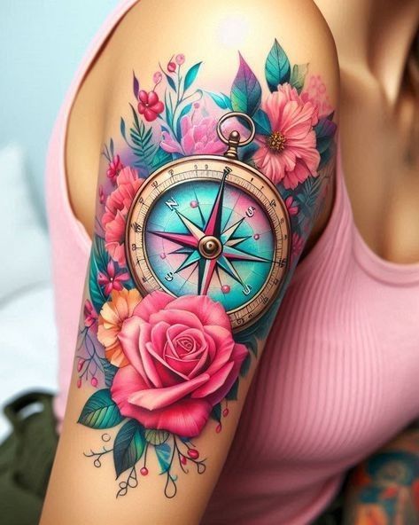 Which are the coolest celebrity tattoo ideas for 2024/2025? - Fashion Tips Tricks Flower With Compass Tattoo, Compass And Watch Tattoo, Compass Back Tattoo For Women, Time Travel Tattoo Ideas, Colorful Compass Tattoo, Beach Memorial Tattoo, Taurus Tattoo For Women Pretty, Feminine Compass Tattoo Design, Elaborate Tattoos