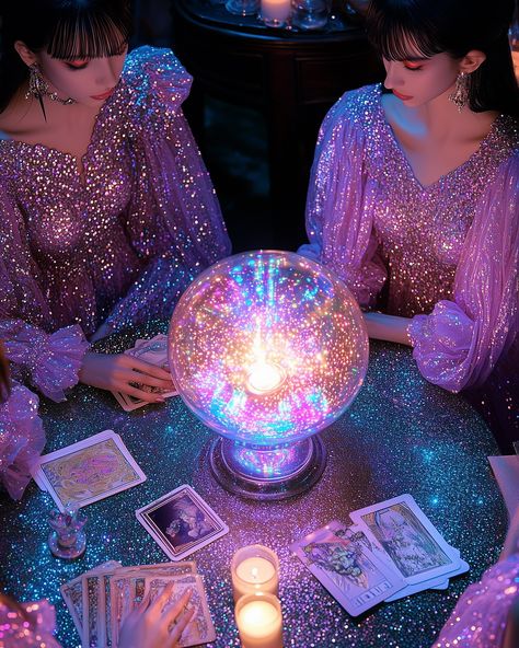 Fortune Tellers 🔮✨ Disco Witch Aesthetic, Pastel Witch Aesthetic, Fortune Teller Aesthetic, Retro Witch, Pastel Witch, Rosé Halloween, Ap Drawing, Dark Galaxy, New Year's Games