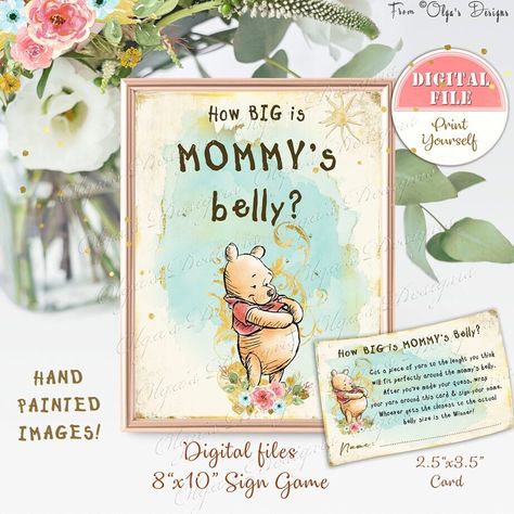 "YOU PRINT, NO physical items will be mailed to you DIGITAL FILE - Classic Winnie the Pooh Birthday Party or Baby Shower Games. Pooh Baby Game + Cards for guests to write their guesses on. This Party Game comes in a ready-to-print digital file and can be reprinted as needed for your PERSONAL USE ONLY.  FILE DETAILS: Sizes of Game Sign is 8x10 inches. Cards for guests to write on, are 2.5x3.5 inches in size. You will receive a high resolution (300 dpi) 8\"x10\" Sign Game (formatted to print in a Classic Winnie The Pooh Birthday, Winnie The Pooh Birthday Party, Pooh Birthday Party, Pooh Party, Winnie The Pooh Baby Shower, Mommy Belly, Pooh Birthday, Winnie The Pooh Birthday, Classic Winnie The Pooh