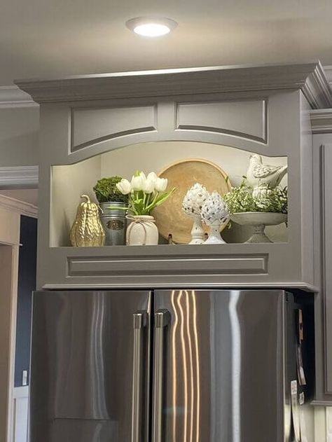 Above Bathroom Cabinet Decor, Decorations Over Kitchen Cabinets, Open Concept Kitchen Decorating Ideas, End Cabinet Decor, Above Microwave Decor, Top Of Cabinet Decor Kitchen Modern, Styling Above Refrigerator, On Top Fridge Decor, How To Decorate On Top Of Refrigerator