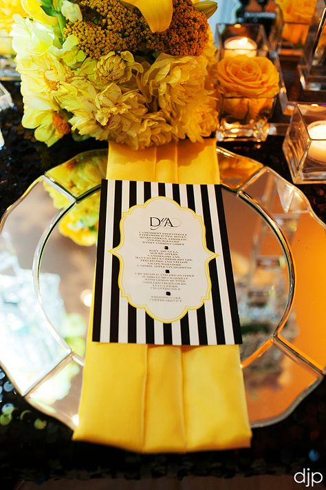 We love the details for this black white and yellow wedding at Artista!  Black and white striped Menu Card!   www.occasioproductions.com Photographer:  http://djonesphoto.com Black White And Yellow Wedding, Black And Yellow Wedding, Yellow Wedding Ideas, Bridal Themes, Best Fade Haircuts, Music Themed Wedding, Food Menu Design, Colour Theme, Cool Hairstyles For Men