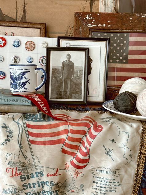 Celebrating Independence Day: Patriotic Decor Ideas for Your Home & this weekend Antique Haul 24 Antique Patriotic Decor, Patriotic Decor Ideas, Summer Prep, Marine Corps Veteran, Liz Marie, Fourth Of July Decor, Vintage Flag, July Decor, Patriotic Decor